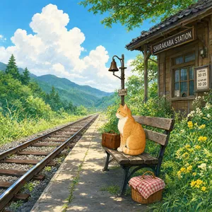 A countryside train station with a cat waiting on a bench. Rendered in Studio Ghibli animation style with Miyazaki's watercolor backgrounds and hand-drawn quality. - Alibaba Qwen-Image-3.0-Pro