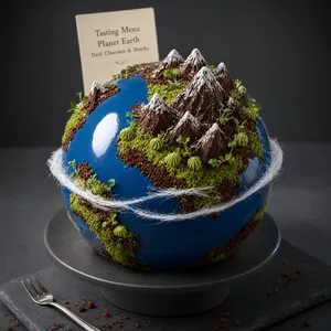 A dessert cake that looks like a tiny planet, complete with miniature trees and mountains, photographed in a professional food photography style with tilt-shift focus effect. - Alibaba Qwen-Image-3.0-Pro