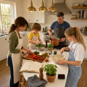 A family cooking together in a kitchen, each person busy with a different task. - Alibaba Qwen-Image-3.0-Pro