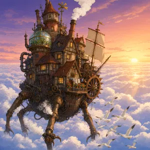 A flying castle floating in clouds at sunrise. Match the visual aesthetic of 'Howl's Moving Castle' by Studio Ghibli, with Miyazaki's blend of steampunk elements and fantasy. - Alibaba Qwen-Image-3.0-Pro