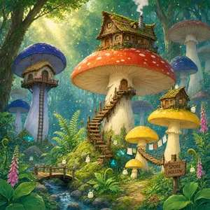 A forest of giant mushrooms with houses built on top of them, rendered in a whimsical Studio Ghibli-inspired art style with vibrant colors and fantastical details. - Alibaba Qwen-Image-3.0-Pro