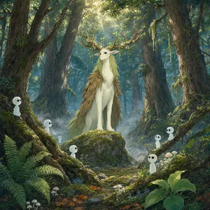 A forest spirit standing among tall trees. Replicate the artistic style of 'Princess Mononoke' by Studio Ghibli, with Miyazaki's detailed environments and mystical creature design. - Alibaba Qwen-Image-3.0-Pro