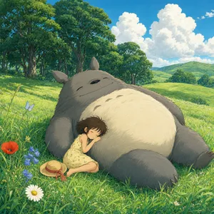 A girl and a giant fluffy creature napping in a wildflower meadow. Reproduce the art style of 'My Neighbor Totoro' by Studio Ghibli, with Miyazaki's soft character designs. - Alibaba Qwen-Image-3.0-Pro