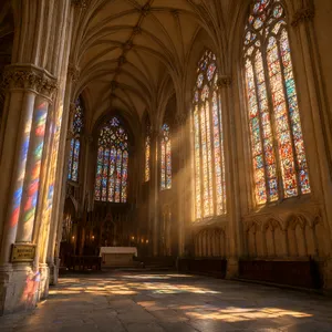 A Gothic cathedral interior at sunset with light streaming through detailed stained glass windows, creating colored patterns on stone floors and columns. Show accurate ribbed vaulting. - Alibaba Qwen-Image-3.0-Pro