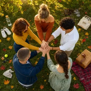 A group of five people joining hands in a circle, seen from above. - Alibaba Qwen-Image-3.0-Pro