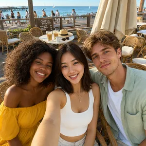 A group selfie of three friends of different ethnic backgrounds smiling at the camera. - Alibaba Qwen-Image-3.0-Pro