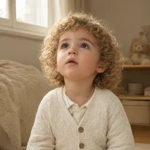 A hyper-realistic photo of a toddler with curly hair and big eyes, looking upward. - Alibaba Qwen-Image-3.0-Pro