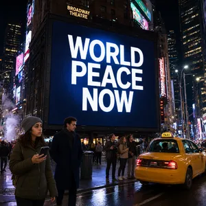 A large storefront billboard at Times Square displaying the slogan “WORLD PEACE NOW” in bold, clear letters, amidst a vibrant cityscape at night. - Alibaba Qwen-Image-3.0-Pro