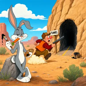 A Looney Tunes-inspired cartoon scene of a clever rabbit tricking a hunter. - Alibaba Qwen-Image-3.0-Pro