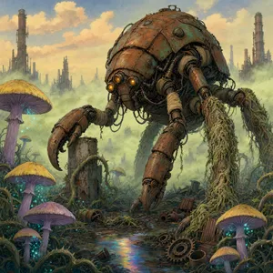 A mechanical creature in a polluted landscape. Capture the visual aesthetic of 'Nausicaä' by Studio Ghibli, with Miyazaki's mechanical designs and environmental contrast. - Alibaba Qwen-Image-3.0-Pro