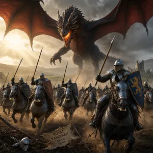 A medieval battlefield with knights on horseback and a dragon flying overhead. - Alibaba Qwen-Image-3.0-Pro