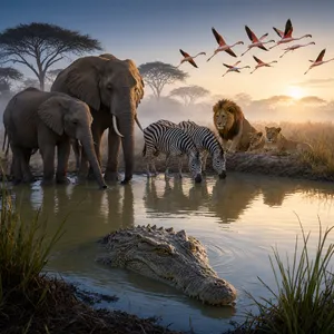 A misty dawn at an African savanna watering hole where elephants, lions, and zebras coexist in tense harmony, with a crocodile partially submerged in the foreground and flamingos taking flight in the background, golden hour lighting. - Alibaba Qwen-Image-3.0-Pro