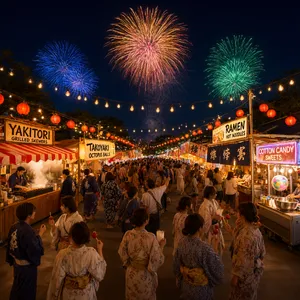 A nighttime festival with fireworks in the sky, food stalls lined up, and crowds mingling. - Alibaba Qwen-Image-3.0-Pro