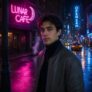 A nighttime portrait of a man lit by neon signs on a city street. - Alibaba Qwen-Image-3.0-Pro