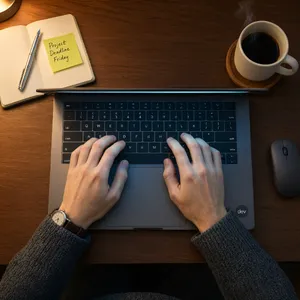 A person typing on a laptop keyboard, showing both hands on the keys. - Alibaba Qwen-Image-3.0-Pro