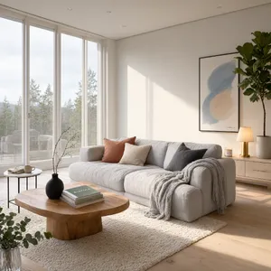 A photorealistic interior of a modern Scandinavian-style living room with natural light streaming through floor-to-ceiling windows. Show detailed wood textures, fabric materials, and proper light reflections. - Alibaba Qwen-Image-3.0-Pro