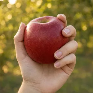 A realistic photo of a hand holding a red apple, with all fingers clearly visible. - Alibaba Qwen-Image-3.0-Pro