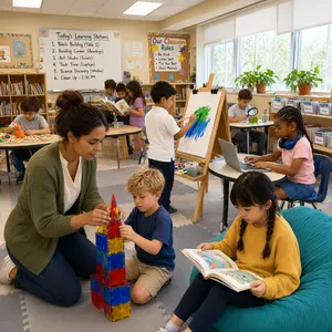 A school classroom of children and a teacher, each student engaged in a different activity. - Alibaba Qwen-Image-3.0-Pro
