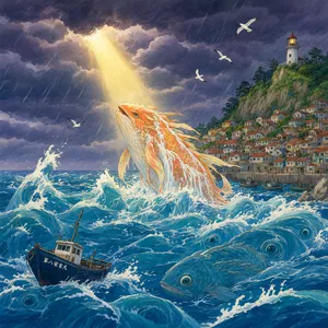 A sea creature rising from a stormy ocean near a village. Replicate the visual style of 'Ponyo' by Studio Ghibli, with Miyazaki's fluid water animations and vibrant creatures. - Alibaba Qwen-Image-3.0-Pro