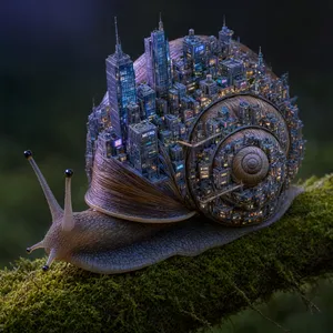 A snail whose shell contains a miniature city skyline, depicted in a hyperrealistic macro photography style with intricate architectural details and ambient lighting. - Alibaba Qwen-Image-3.0-Pro