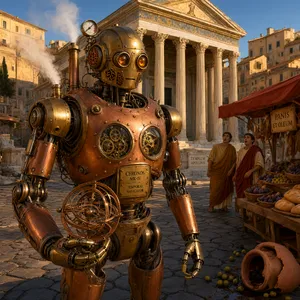 A steampunk robot time-traveling in ancient Rome, depicted in a detailed cinematic style that blends historical accuracy with copper and brass retrofuturistic aesthetics. - Alibaba Qwen-Image-3.0-Pro