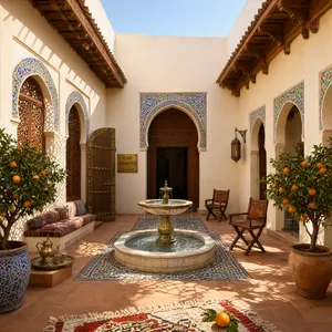 A traditional Moroccan riad courtyard with detailed zellige tilework, flowing fountain, citrus trees, and ornate woodwork. Morning light casting intricate shadow patterns. - Alibaba Qwen-Image-3.0-Pro