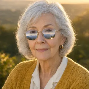 A ultra high-resolution portrait of an elderly woman with silver hair and bifocal glasses, each lens reflecting a distant landscape, captured in warm late-afternoon sunlight - Alibaba Qwen-Image-3.0-Pro
