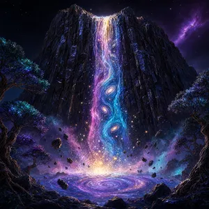 A waterfall that pours out stars and galaxies instead of water, illustrated in a cosmic fantasy style with vibrant space colors and dramatic lighting effects. - Alibaba Qwen-Image-3.0-Pro