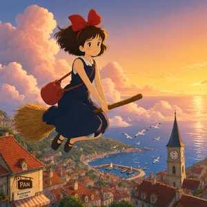A young witch flying on a broomstick above a coastal town at sunset. Exact art style of 'Kiki's Delivery Service' by Studio Ghibli, with Miyazaki's character design and warm colors. - Alibaba Qwen-Image-3.0-Pro