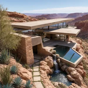 Aerial view of a modernist desert home, in the style of Frank Lloyd Wright's Fallingwater but adapted to desert conditions. Show integration with rocky landscape and water features. - Alibaba Qwen-Image-3.0-Pro
