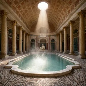 An ancient Roman bathhouse interior with accurate architectural details - marble columns, mosaic floors, arched ceilings, and steam rising from pools. Natural light from oculus openings. - Alibaba Qwen-Image-3.0-Pro