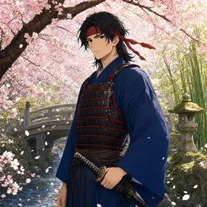 An anime-style portrait of a samurai standing under pink cherry blossoms. - Alibaba Qwen-Image-3.0-Pro