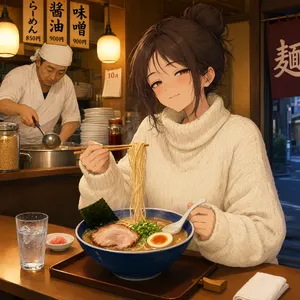 An anime scene of a character eating ramen at a small shop counter (slice-of-life style). - Alibaba Qwen-Image-3.0-Pro