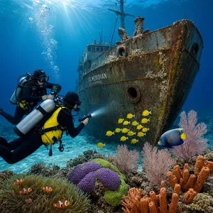 An underwater scene with scuba divers exploring a coral reef alongside colorful fish and a sunken ship. - Alibaba Qwen-Image-3.0-Pro