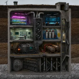 Cross-section rendering of a multi-level underground bunker with different functional areas, structural support systems, ventilation, and power generation facilities visible. - Alibaba Qwen-Image-3.0-Pro