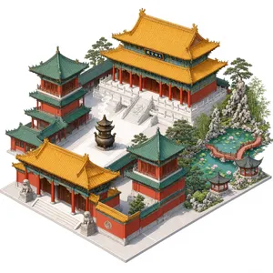 Isometric architectural illustration of an ancient Chinese temple complex showing multiple pavilions, gardens, and ceremonial spaces. Include proper roof structures and traditional ornamentation. - Alibaba Qwen-Image-3.0-Pro