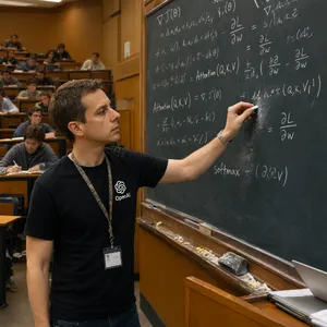 Photorealistic depiction of a man wearing a clearly visible black OpenAI-branded T-shirt. He is standing at the front of a university lecture hall, writing complex mathematics and AI-related equations across a large, dusty chalkboard filled with notation - Alibaba Qwen-Image-3.0-Pro