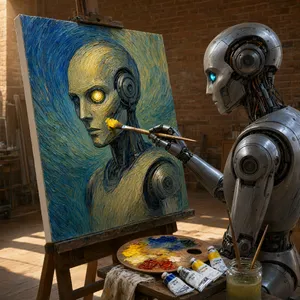 Photorealistic image of a robot painting a realistic self-portrait (i.e. the robot) on canvas, mimicking Van Gogh’s art style; clear, realistic metallic textures and painting details visible - Alibaba Qwen-Image-3.0-Pro