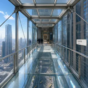 Photorealistic rendering of a contemporary glass skybridge between two skyscrapers, seen from inside with city views visible through glass walls and floor. Show accurate reflections and structural details. - Alibaba Qwen-Image-3.0-Pro