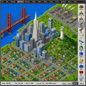 Pixel art cityscape of San Francisco in the iconic SimCity 2000 style, isometric view, detailed skyscrapers, residential areas, clearly identifiable Golden Gate Bridge, Coit Tower, Transamerica Pyramid, surrounded by the classic SimCity 2000 UI elements - Alibaba Qwen-Image-3.0-Pro