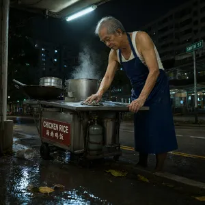Rain-slicked Singapore street, 3 AM. A lone elderly hawker cleans his cart under one flickering fluorescent light. Steam rises gently. Low-angle shot, photorealistic - Alibaba Qwen-Image-3.0-Pro