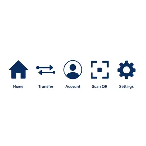Set of 5 consistent flat design icons for a mobile banking app: 'Home', 'Transfer', 'Account', 'Scan QR', 'Settings'. Monochrome dark blue. - Alibaba Qwen-Image-3.0-Pro