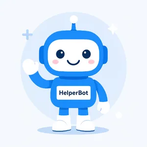 Simple flat vector mascot: friendly smiling robot character 'HelperBot', approachable design, primarily blue and white. - Alibaba Qwen-Image-3.0-Pro