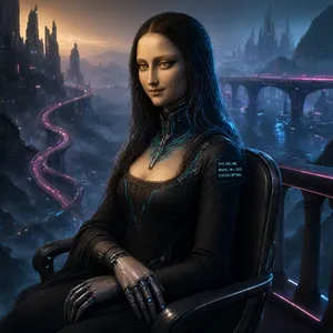 The Mona Lisa reimagined as a futuristic android, rendered in a digital art style that preserves Da Vinci's composition while incorporating sleek cyberpunk aesthetics and technological elements. - Alibaba Qwen-Image-3.0-Pro
