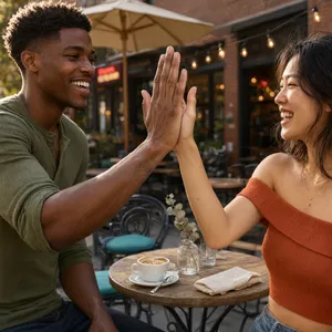 Two people high-fiving, with focus on their hands meeting mid-air. - Alibaba Qwen-Image-3.0-Pro