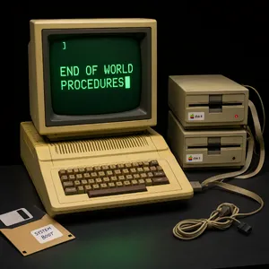 Vintage Apple II computer with green monochrome CRT screen, displaying 'END OF WORLD PROCEDURES' in green text. Two external floppy drives stacked on the right, labeled disk II with rainbow Apple logos. Beige casing, black background, retro aesthetic. - Alibaba Qwen-Image-3.0-Pro
