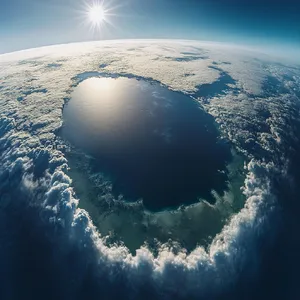 Photorealistic aerial photograph clearly showing the edge of the Earth from space, capturing realistic curvature, atmosphere, and sunlight reflections - Midjourney Midjourney V6.1