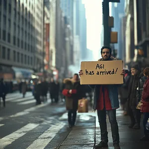 Photorealistic daytime street photograph, clearly showing a man standing still on a busy urban street corner holding a rectangular cardboard sign clearly facing camera, handwritten bold black marker text clearly readable as 