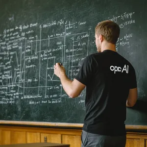 Photorealistic depiction of a man wearing a clearly visible black OpenAI-branded T-shirt. He is standing at the front of a university lecture hall, writing complex mathematics and AI-related equations across a large, dusty chalkboard filled with notation - Midjourney Midjourney V6.1