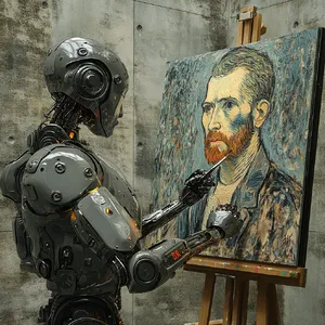 Photorealistic image of a robot painting a realistic self-portrait (i.e. the robot) on canvas, mimicking Van Gogh’s art style; clear, realistic metallic textures and painting details visible - Midjourney Midjourney V6.1